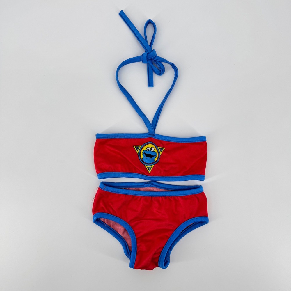 Vintage Sesame Street Cookie Monster Bikini Red Blue‎ 2pc Swimsuit Kids Size 5